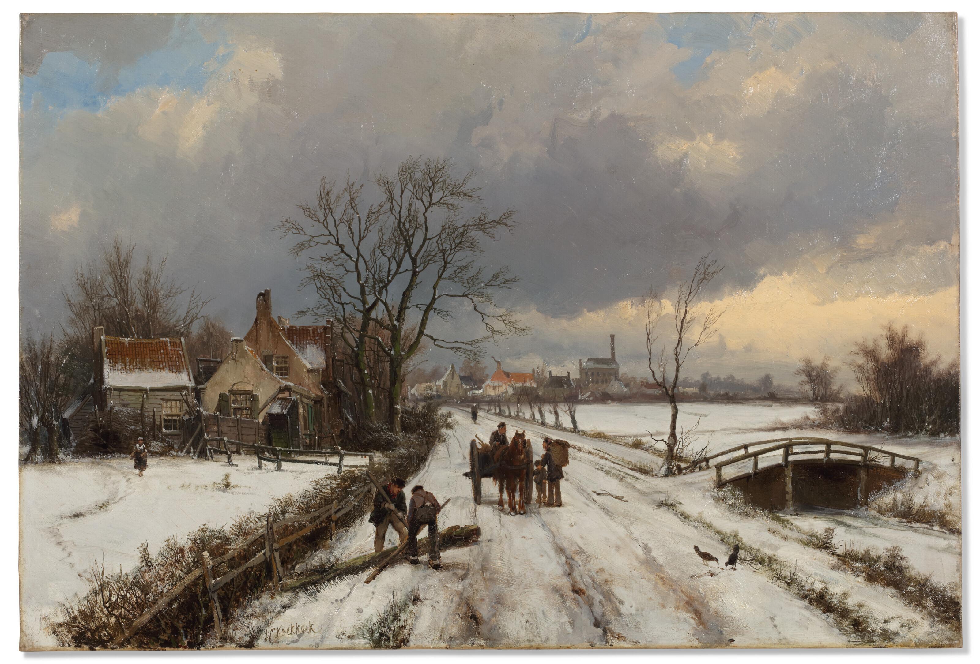 Willem Koekkoek - A winter landscape with figures and a horse carriage on a path