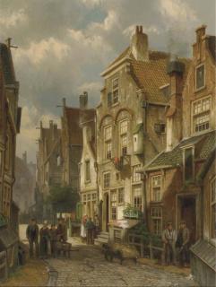 Willem Koekkoek - Buurt in Kuilenburg, zomer: a sunlit street in the Dutch town of Culemborg