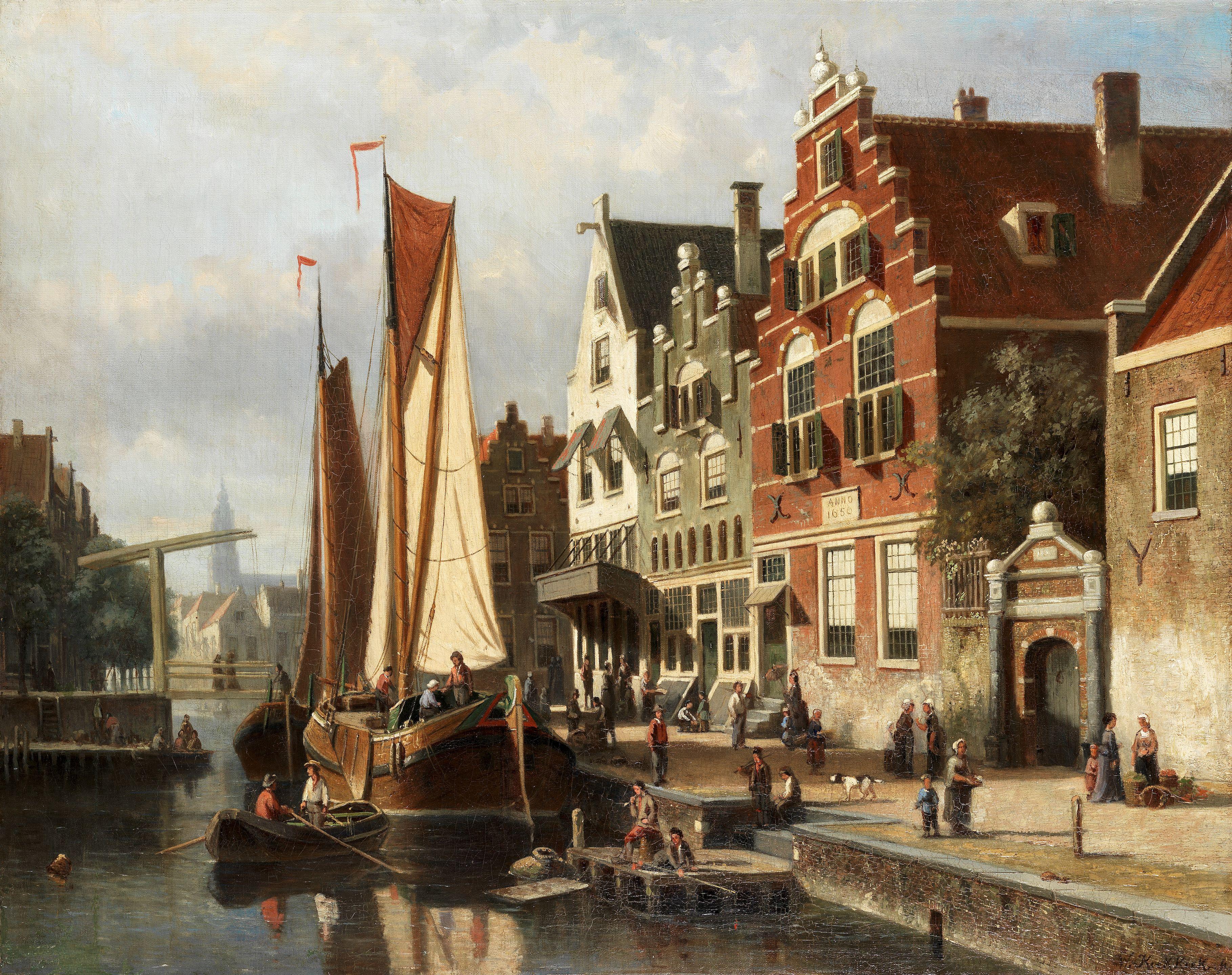 Willem Koekkoek - Dutch Canal Scene With Barge Unloading
