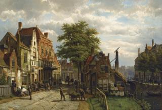 Willem Koekkoek - Dutch figures In A Dutch Town On A Sunny Day