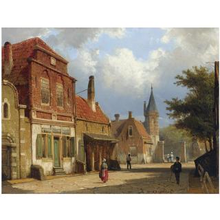 Willem Koekkoek - Dutch Figures In The Sunlit Streets Of A Dutch Town
