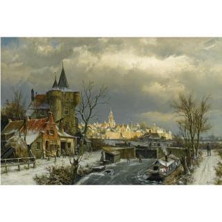 Willem Koekkoek - Dutch figures On A Frozen Canal, Naarden In The Background