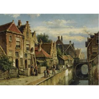 Willem Koekkoek - Dutch Figures On A Quay  In A Sunlit  Town, Possibly Haarlem 