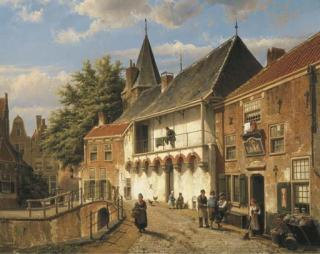 Willem Koekkoek - Dutch Street with Figures by an Inn by a Bridge