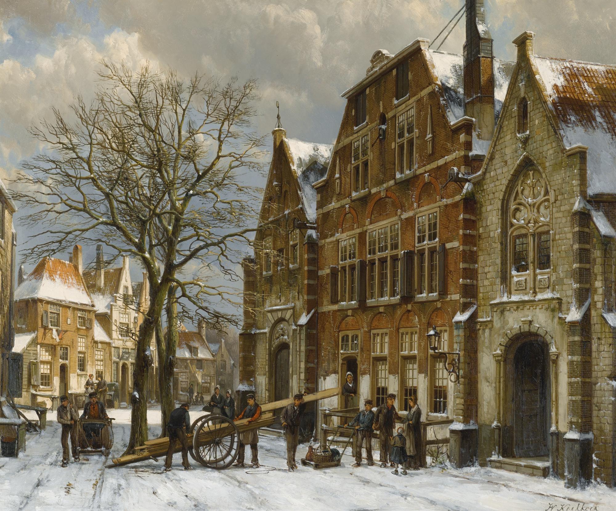Willem Koekkoek - Dutch winter Street Scene, Oudewater