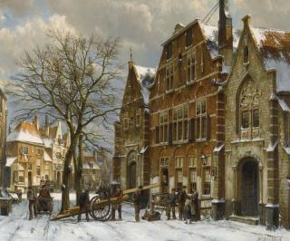 Willem Koekkoek - Dutch winter Street Scene, Oudewater