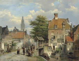 Willem Koekkoek - Figures on a bridge by a Dutch canal