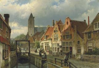 Willem Koekkoek - Figures on a Canal in Oudewater, Holland
