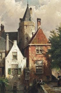 Willem Koekkoek - Fishing On A Dutch Canal