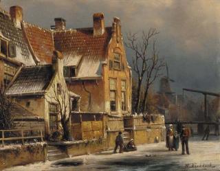 Willem Koekkoek - Houses along a canal in winter