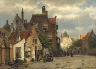 Willem Koekkoek - Street scene with figures