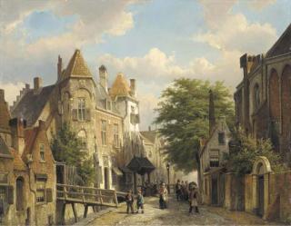Willem Koekkoek - Townspeople on a Village Street
