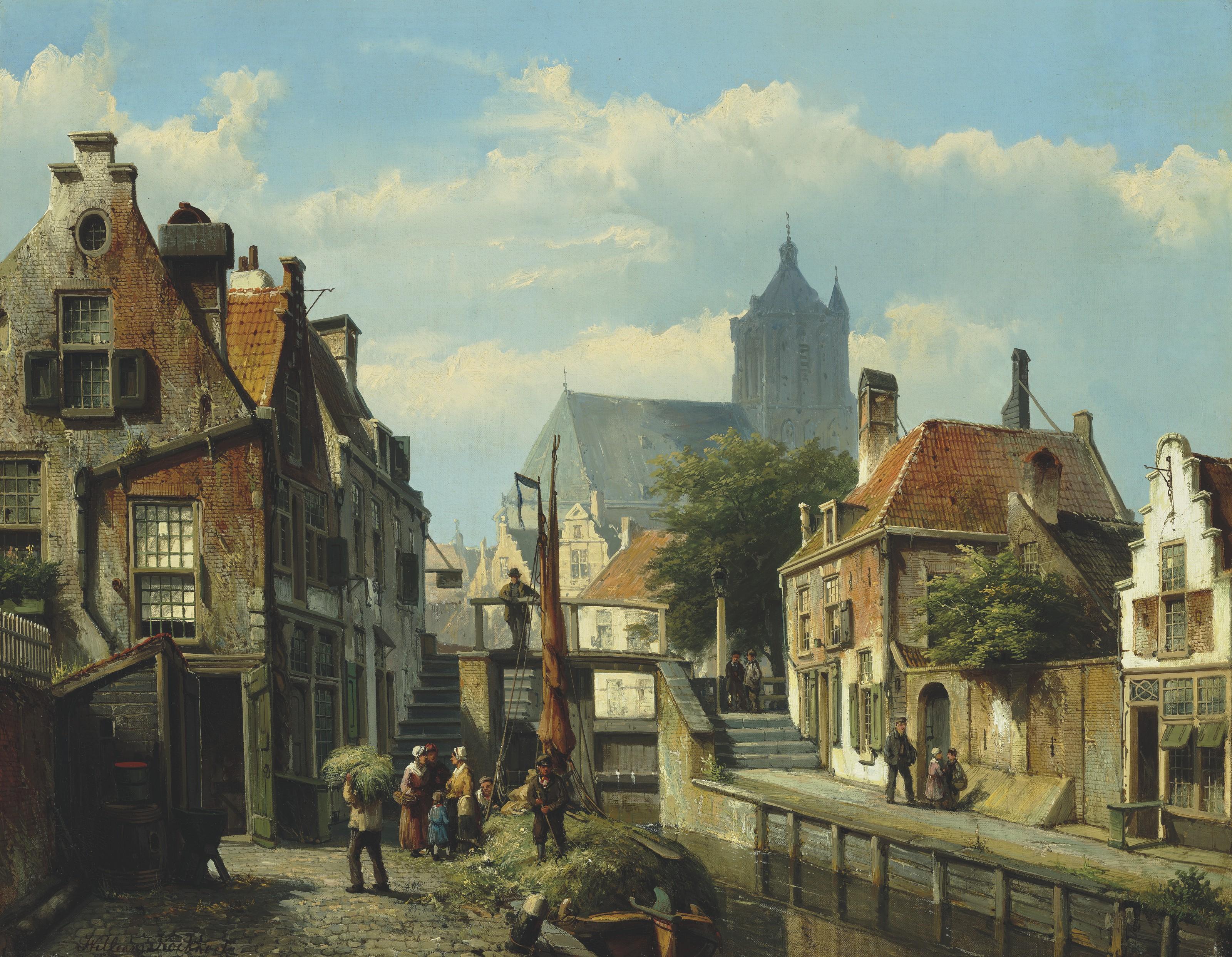 Willem Koekkoek - Unloading the hay barge