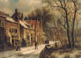 Willem Koekkoek - Villagers in a snow-covered Dutch town