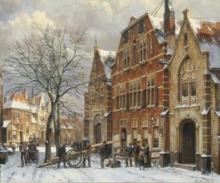Willem Koekkoek - Winter: daily activities on a sunny day in Oudewater