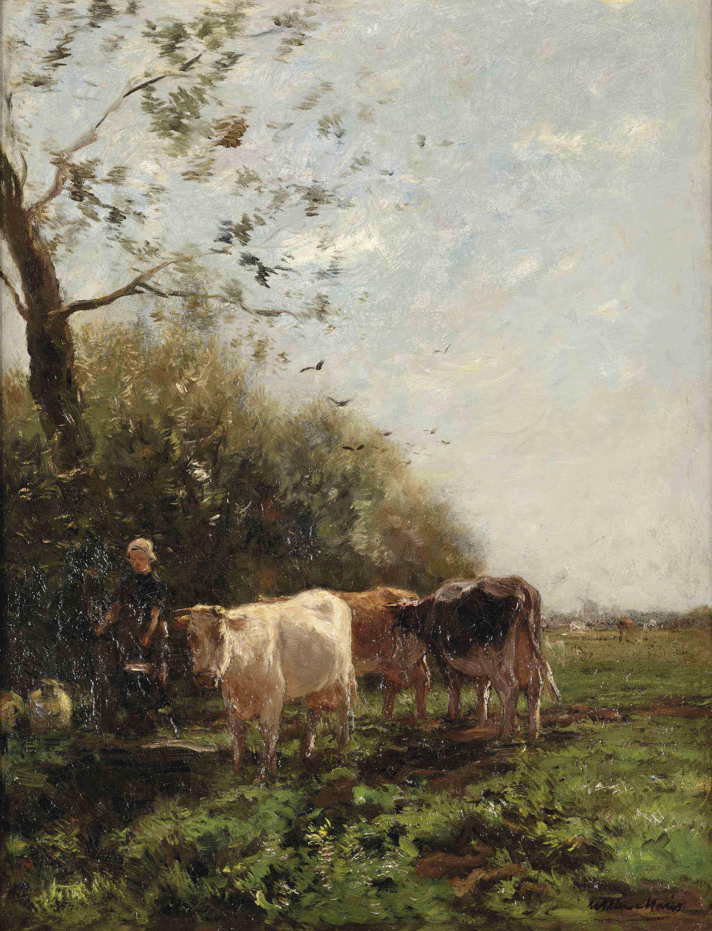 Willem Maris - A farmer\'s wife with grazing cows