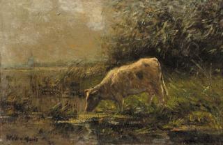 Willem Maris - A watering cow at the riverbank