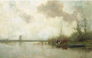 Willem Maris - Cows on a riverbank
