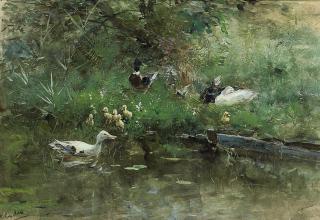 Willem Maris - Eenden met kuikens: Ducks in a Meadow