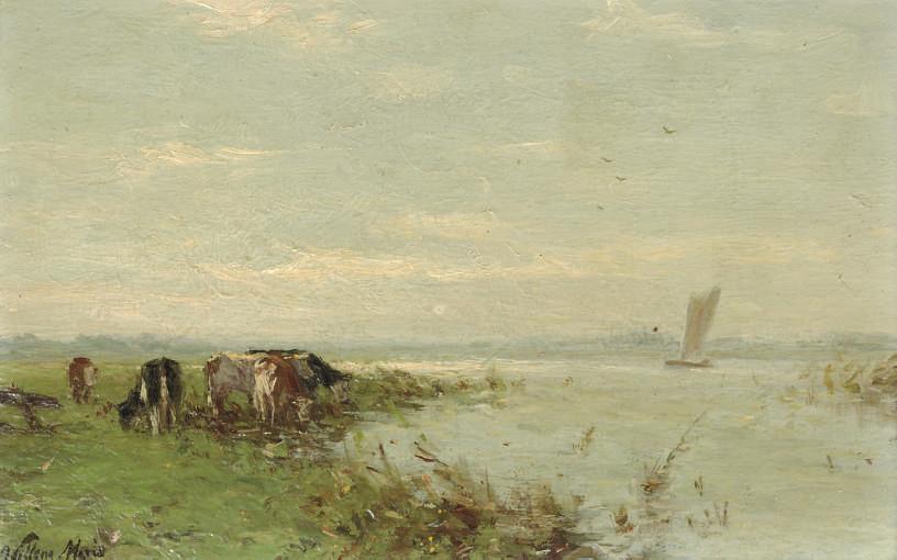 Willem Maris - Grazing Cows At A River