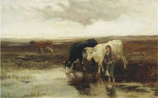 Willem Maris - Morgenstond: a shepherd girl leading her cattle to water