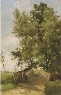 Willem Oppenoorth - A bridge in a polder landscape