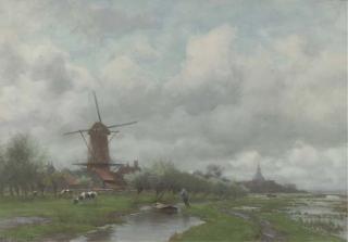 Willem Oppenoorth - A Polder Landscape, A Village In The Distance