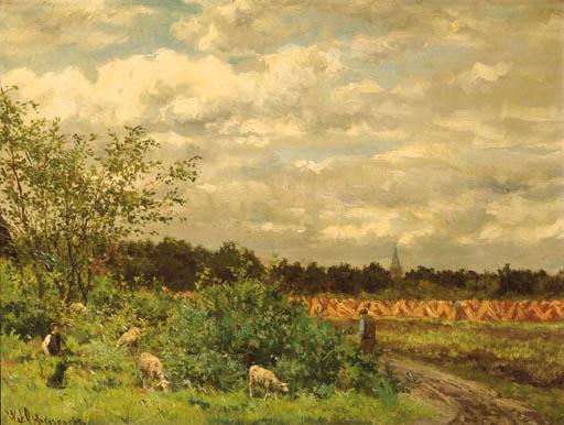 Willem Oppenoorth - A shepherd and sheep on a country lane by a cornfield