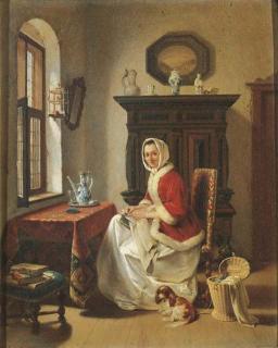 Willem Pieter Hoevenaar - A young lady doing needlework in an interior