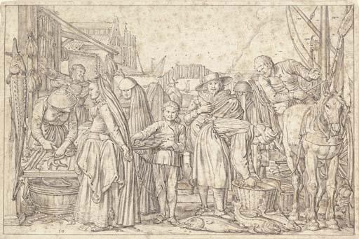 Willem Pietersz. Buytewech - A fish market in a Dutch town, with a bridge and houses in the background