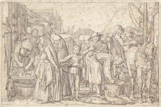 Willem Pietersz. Buytewech - A fish market in a Dutch town, with a bridge and houses in the background