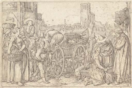 Willem Pietersz. Buytewech - A poultry market in a Dutch town, with a church in the background