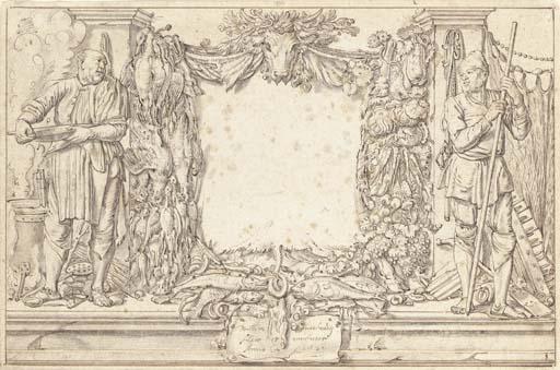 Willem Pietersz. Buytewech - Study for a frontispiece: A cook and a fisherman flanking trophies of poultry and vegetables