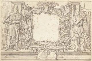 Willem Pietersz. Buytewech - Study for a frontispiece: A cook and a fisherman flanking trophies of poultry and vegetables