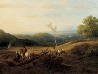 Willem Roelofs - A panoramic summerlandscape with harvesters