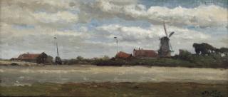 Willem Roelofs - A Polder Landscape With A Mill