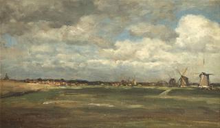 Willem Roelofs - A polder landscape with mills near Rotterdam