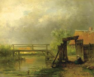 Willem Roelofs - After the rain: a footbridge across a ditch