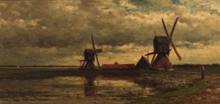 Willem Roelofs - An extensive polder landscape with windmills by a pond