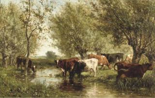 Willem Roelofs - Cattle by a wooded pond
