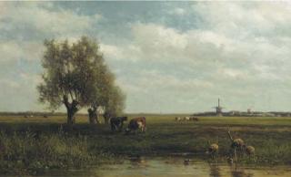 Willem Roelofs - Cows by a stream in a polder landscape
