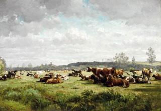 Willem Roelofs - Cows grazing in a meadow in summer