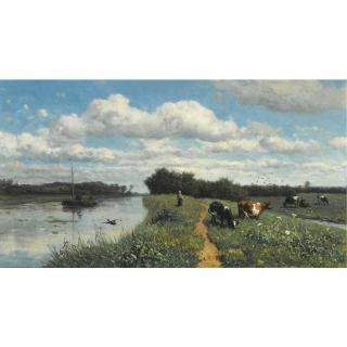 Willem Roelofs - Cows Grazing Near A Canal, Schiedam