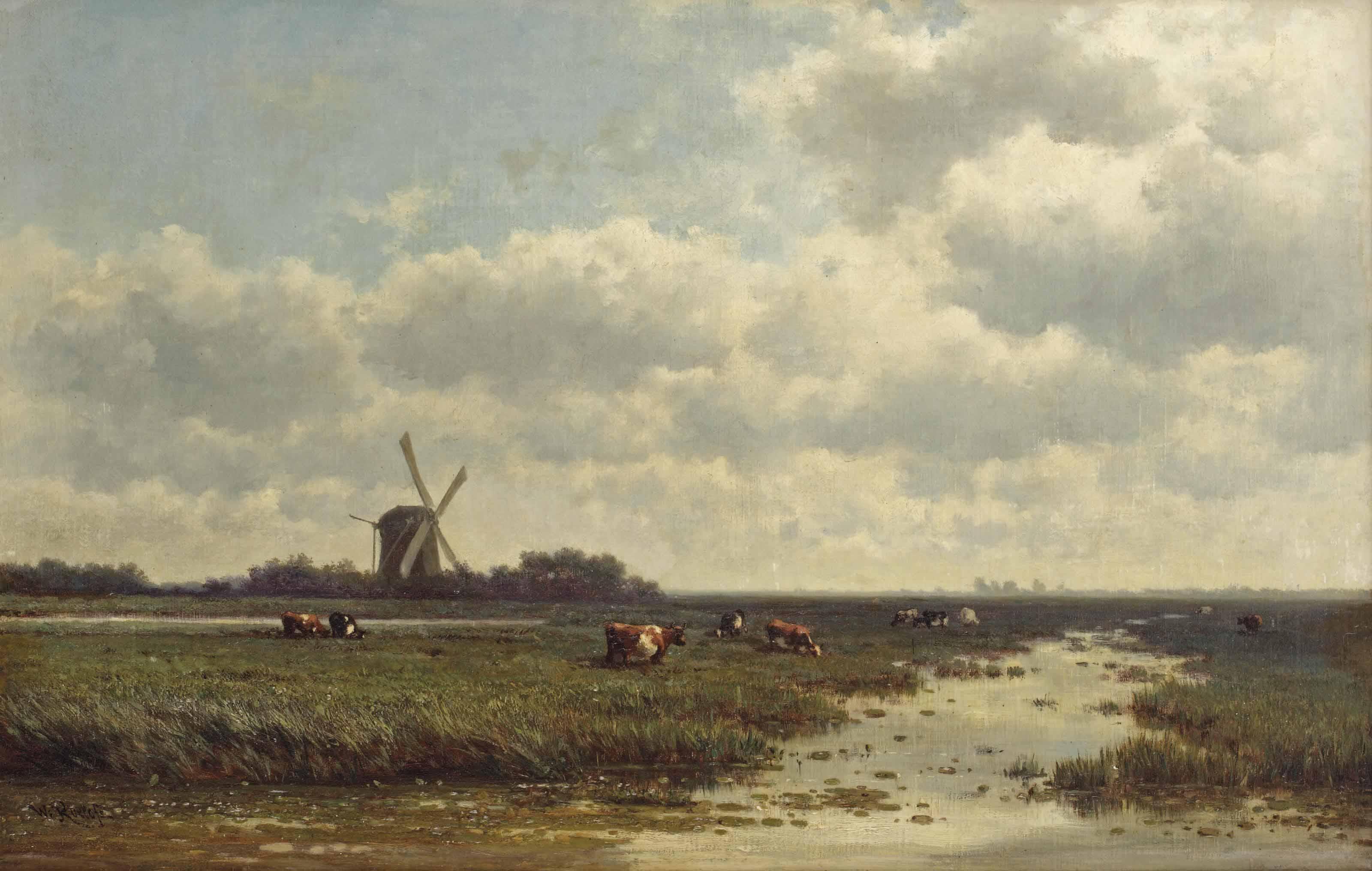 Willem Roelofs - Cows grazing near a windmill