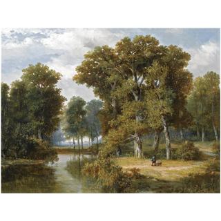 Willem Roelofs - Dutch A Hunter And An Angler In A Wooded Landscape
