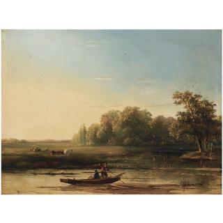 Willem Roelofs - Dutch A Summer Landscape With Fishermen In A Boat