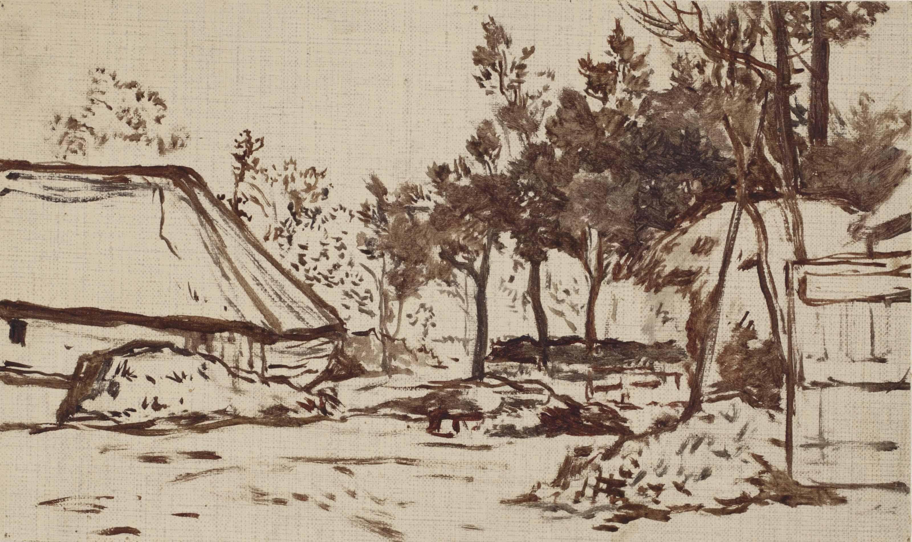 Willem Roelofs - Farm buildings in a wooded landscape, most likely in Drenthe