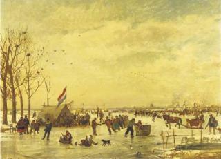 Willem Roelofs - Hollandsch IJsvermaak: a populous crowd enjoying a day on the ice with Rotterdam in the distance
