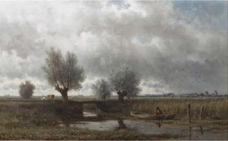 Willem Roelofs - Na de regen: a fisherman in a polder landscape