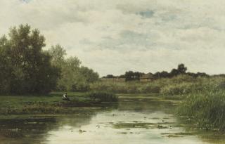 Willem Roelofs - Paysage et mare, environs d\'Abcoude: fishing near Abcoude